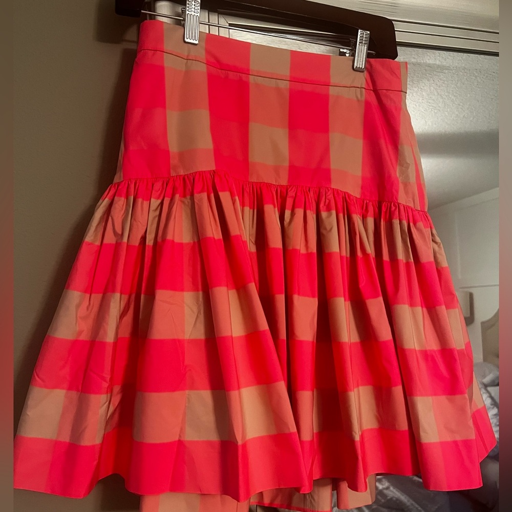 J Crew pink neon buffalo check skirt. Valentine’s or Galentine Day outfit